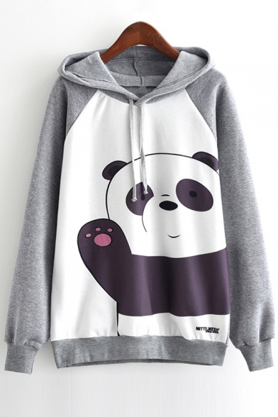 Fashion Color block Panda Print Drawstring Long Sleeve Hoodie
