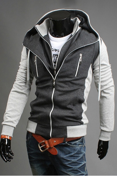 Fashion Color Block Print Drawstring Hood Zip Up Fake Two-Piece Jacket