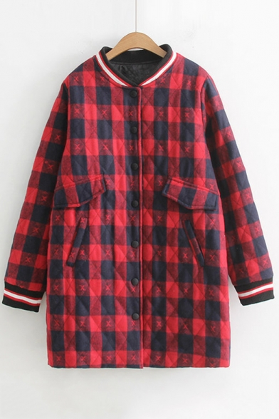 Leisure Plaid Stand-Up Collar Long Sleeve Buttons Down Coat