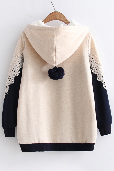 Long Sleeve Lace Insert Color Block Winter Hoodie with Pompom