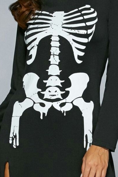 New Fashion Bone Print Split Side Round Neck Long Sleeve Shift Maxi Dress
