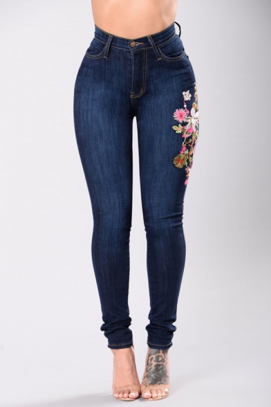 New Fashion Floral Embroidered High Waist Skinny Jeans