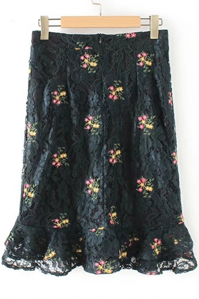 New Stylish Embroidery Floral Pattern Zip Fly Ruffle Hem Lace Skirt