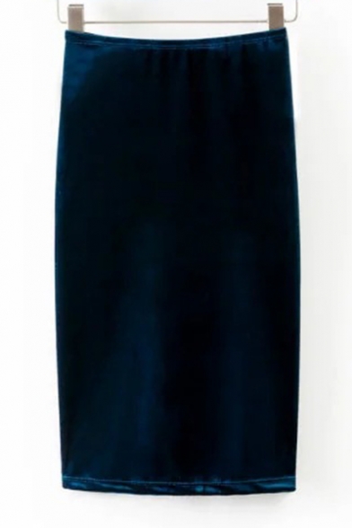 New Stylish Split Back Simple Plain Midi Bodycon Velvet Skirt