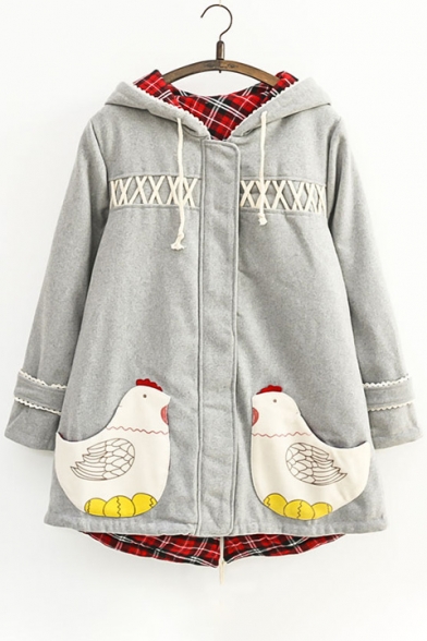 New Trandy Leisure Chicken Patchwork Long Sleeve Cotton Hooded Coat