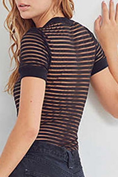 Sexy Striped Round Neck Short Sleeve Sheer Mesh Bodysuit