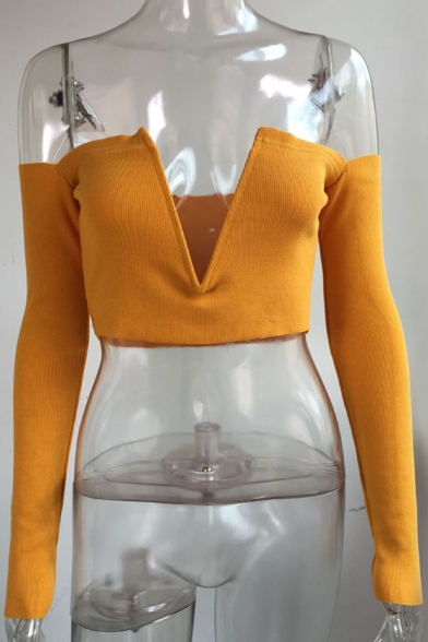 Sexy V-Neck Off the Shoulder Long Sleeve Cropped Sweater
