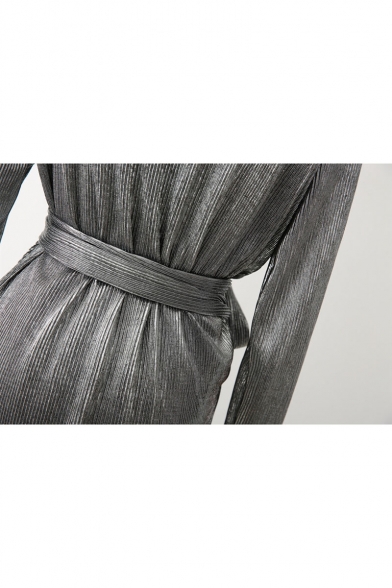 Simple Plain V-Neck Long Sleeve Tie Waist Wrap Midi Dress