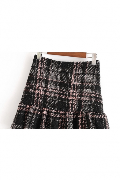 Winter Fashion Tartan Plaids Peplum Hem Zippered Mini Skirt Trimmed with Lace