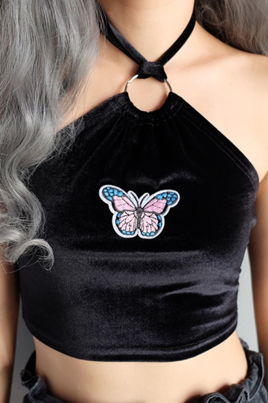 Butterfly Patchwork Halter Neck Sleeveless Cropped Tee
