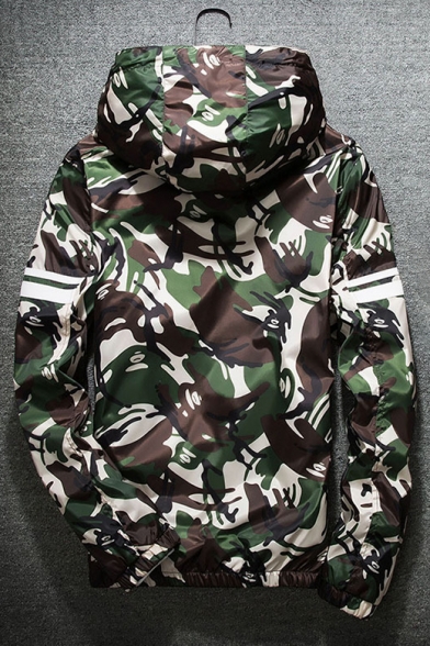 Chic Camouflage Print Long Sleeve Zipper Hooded Coat