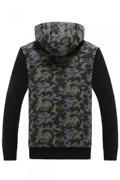 Chic Color Block Camouflage Long Sleeve Zipper Hooded Coat