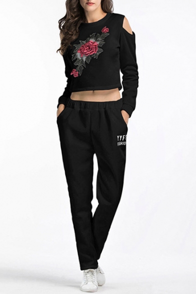 Chic Floral Embroidered Hollow Out Cropped Tee Sports Co-ords