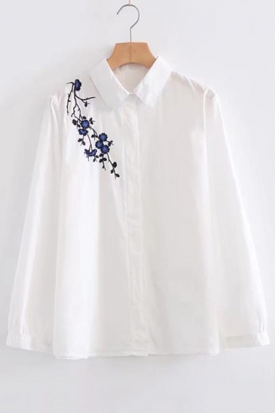Chic Floral Embroidered Lapel Long Sleeve Buttons Down Shirt