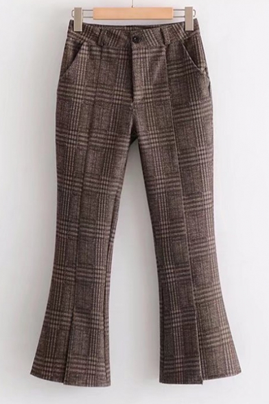 Chic Plaid Zip Fly Split Front Flare Pants
