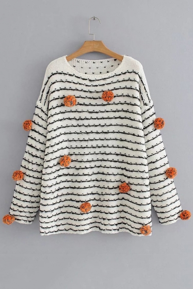 Chic Round Neck Long Sleeve Striped Sweater with Knitted Pompom