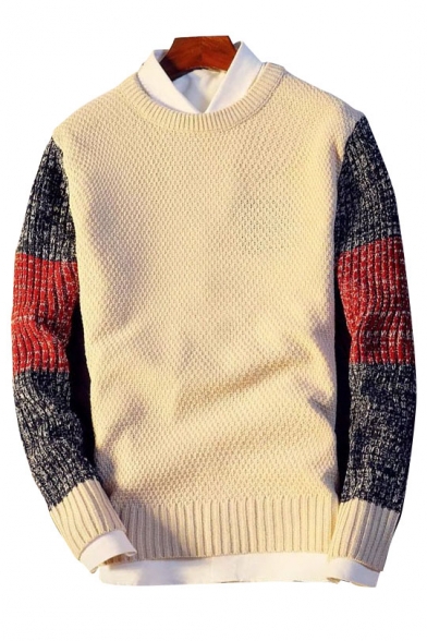 Color Block Round Neck Long Sleeve Pullover Sweater