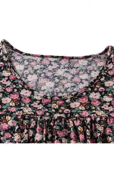 Country-Style Floral Printed Scoop Neck Long Sleeves Cowl-Front Peasant Blouse