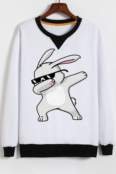 Cute Contrast Trimmed Round Neck Rabbit Pattern Long Sleeves Pullover Sweatshirt