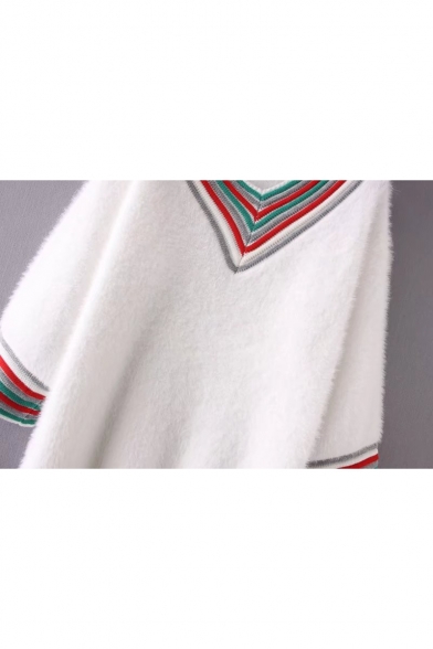 Fashion Color Block Striped V-Neck High Low Hem Pullover Sweater