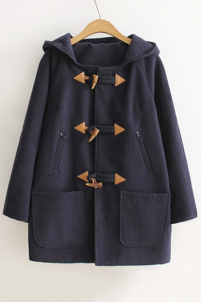 Hot Popular Simple Plain Hooded Single Breasted Long Sleeve Woolen Coat