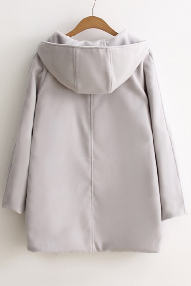 Hot Popular Simple Plain Hooded Single Breasted Long Sleeve Woolen Coat