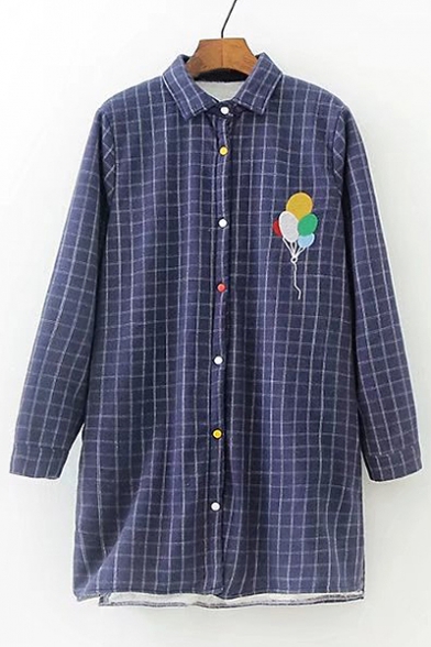 New Fashion Balloon Embroidered Lapel Long Sleeve Buttons Down Plaid Shirt