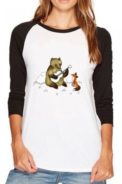 New Fashion Cartoon Bear and Fox Print Long Sleeve Tee