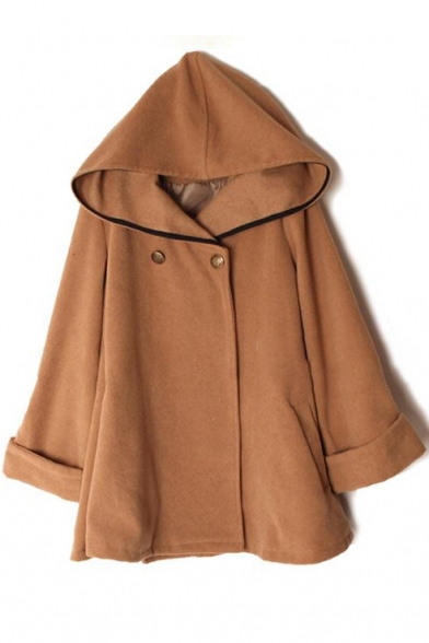 New Fashion Simple Contrast Hem Hooded Long Sleeve Trench Coat