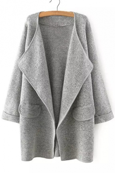 New Fashion Simple Plain Lapel Open Front Long Sleeve Cardigan