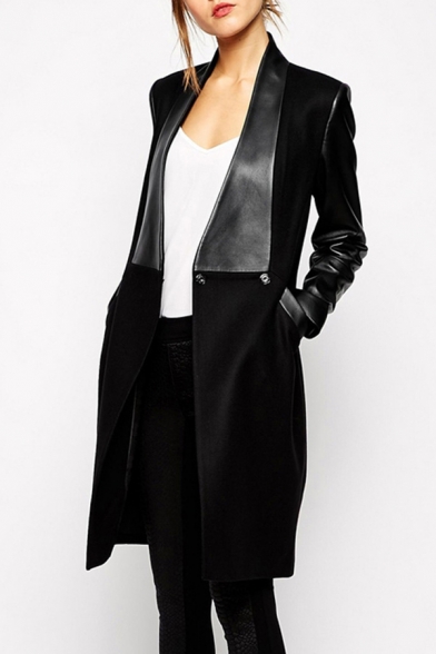 New Fashion Simple Plain Leather Panel Long Sleeve Trench Coat