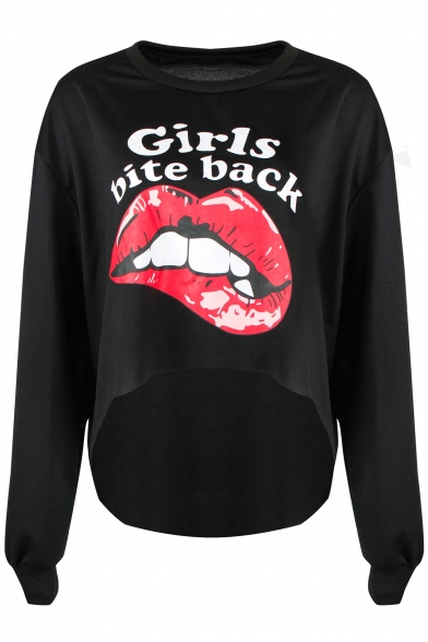 New Stylish Letter Mouth Lip Mouth Print Round Neck Long Sleeve High Low Hem Tee