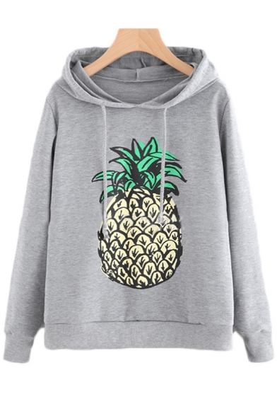 New Stylish Pineapple Print Drawstring Hood Long Sleeve Hoodie