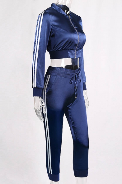 New Stylish Striped Side Zip Up Cropped Top Elastic Waist Pants Sport Co-ords
