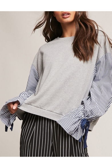 Simple Leisure Color Block Striped Side Long Sleeve Pullover Sweatshirt