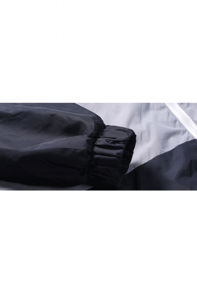 Simple Plain Color Block Panel Hooded Zippered Long Sleeve Windproof Coat