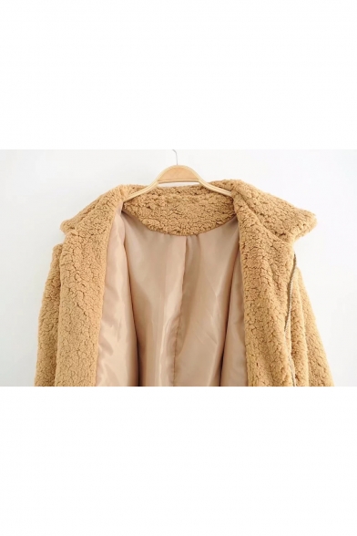 Simple Lapel Zippered Long Sleeves Faux Fur Coat with Pockets