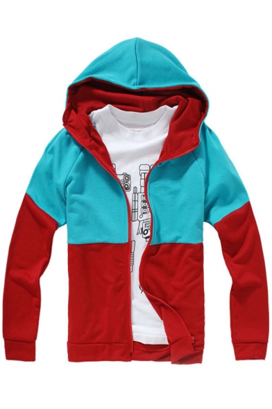 Sportive Color Block Long Sleeves Zippered Hooded Jacket