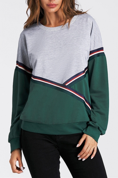 Sportive Round Neck Long Sleeves Color Block Striped Pullover Sweatshirt
