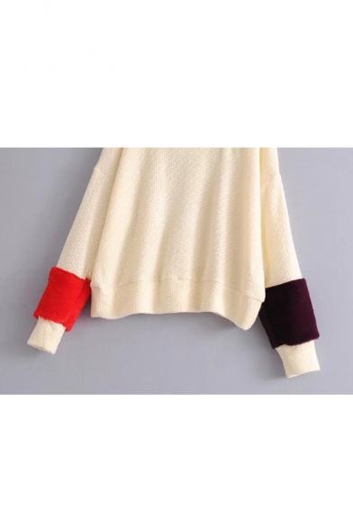 Stylish Roll Neck Long Sleeve Color Block Fur Sweater