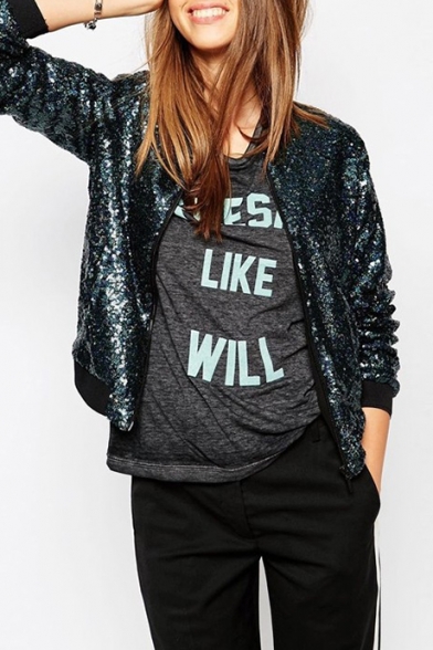 Unique Stand-up Collar Long Sleeves Zip-up Sequined Baseball Jacket with Pockets