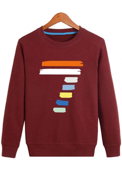 Chic Color Block Number Print Round Neck Casual Unisex Pullover Sweatshirt