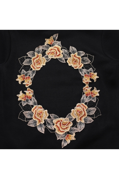 Chic Embroidery Floral Pattern Long Sleeve Split Side Hoodie