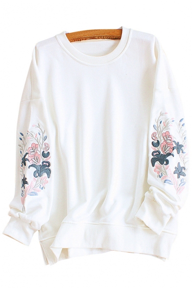 

Chic Floral Embroidered Round Neck Long Sleeve Pullover Sweatshirt, LC455333, Black;white;purple