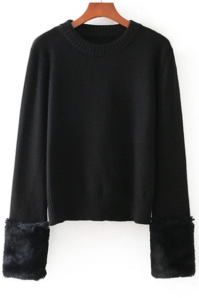 Chic Round Neck Long Sleeves Faux Fur 