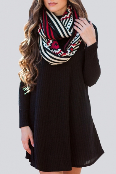 Crew Neck Long Sleeve Plain Ribbed Knitted Sweater Dress with Pockets