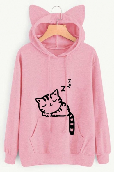 Cute Cat Print Drawstring Hood Long Sleeve Pocket Hoodie