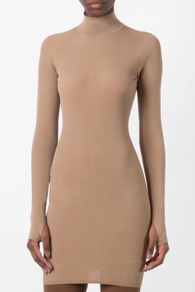 Elegant High Neck Long Sleeves Plain Slim-Fit Bodycon Knitted Mini Dress