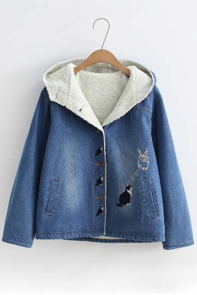 

Fashion Embroidery Cat Pattern Long Sleeve Single Button Denim Hooded Jacket