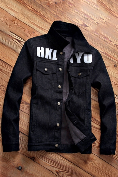 Fashion Letter Graphic Print Single Breasted Long Sleeve Denim Jacket